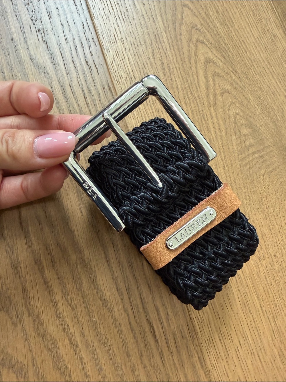 Lauren Ralph Lauren Adjustable Braided/Woven Elastic Belt - Black & Silver - EUC